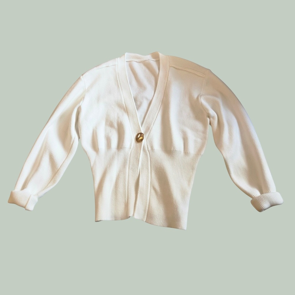 Cider White Ribbed Knit V-Neck Cardigan Gold Button Cropped Sweater
